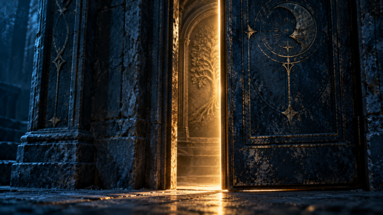 Une porte de pierre entrouverte laisse filtrer une lumière dorée