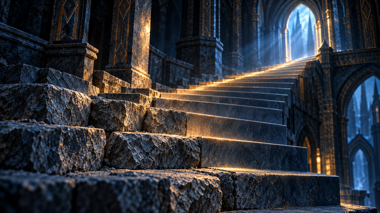 Un escalier de pierre inachevé mène vers une arche lumineuse