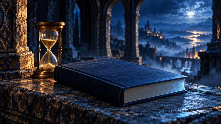 Un livre bleu nuit et un sablier évoquent l’attente avant la publication
