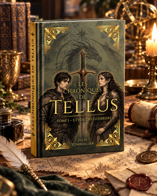 Tellus Tome 1 — Relié — ambiance atelier Les Chroniques de Tellus — Tome 1 : L’Éveil des Guerriers, édition reliée — visuel d’ambiance atelier fantasy