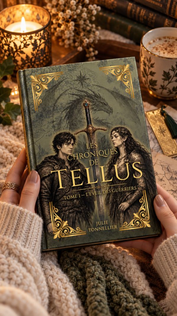Tellus Tome 1 — Relié — ambiance lecture Les Chroniques de Tellus — Tome 1 : L’Éveil des Guerriers, édition reliée — visuel d’ambiance lecture