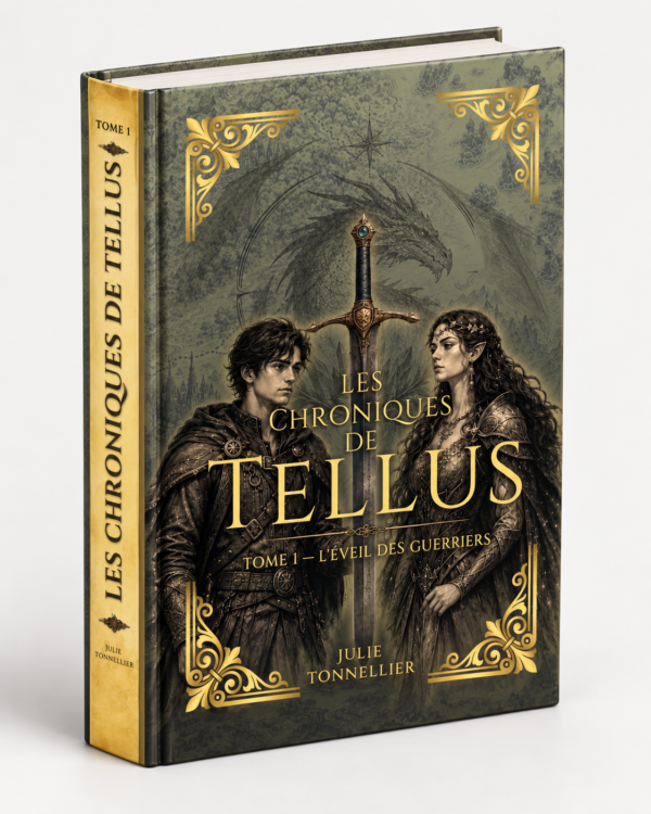 Tellus Tome 1 — Relié — vue trois-quarts Les Chroniques de Tellus — Tome 1 : L’Éveil des Guerriers, édition reliée — vue trois-quarts avec dos